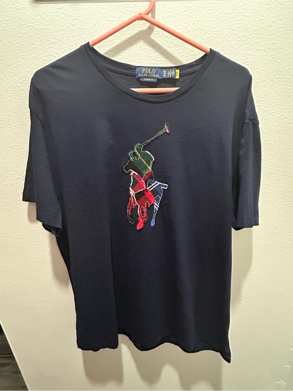 Off-White Men's Short Sleeve Logo Tee in Navy with Multicolor Embroidery